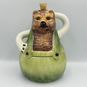 VTG Bear Cookie Jar Green Overalls Made in Italy Rustic Folk Art Ceramic Cabin